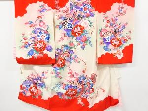 アンティーク　鼓に草花模様着物(内袖・長襦袢・半襦袢付き)